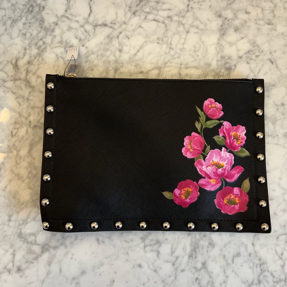 White House Black Market Black Faux Leather Studded Floral Clutch NWT